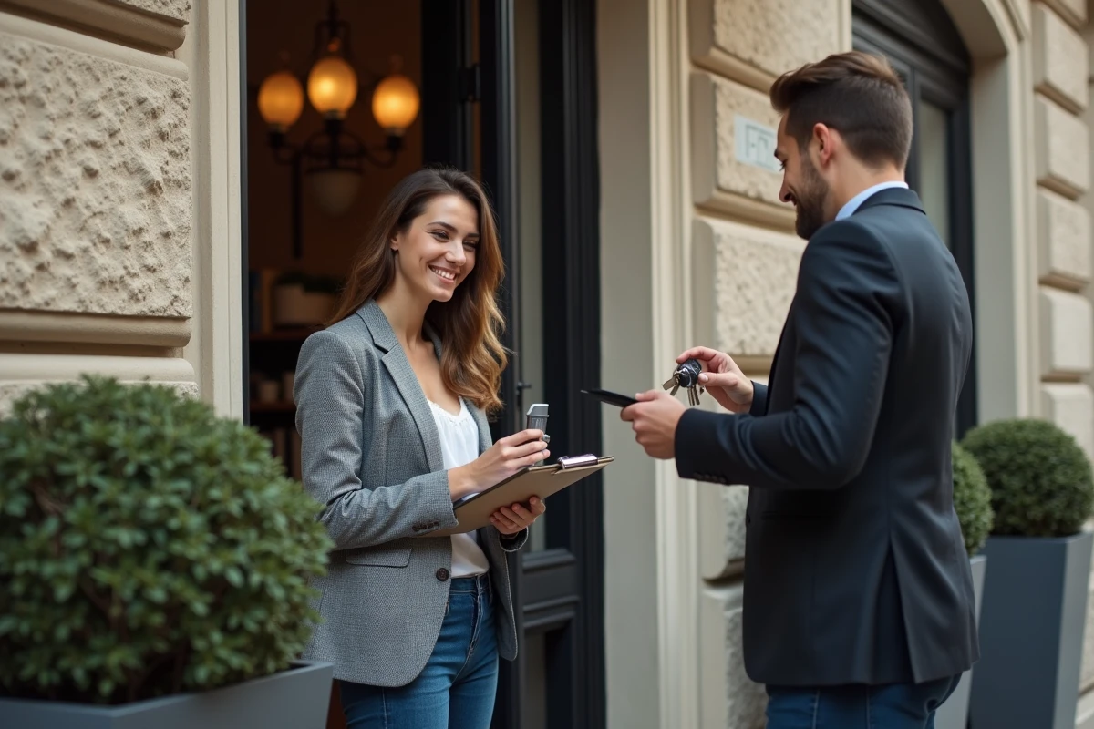 Jeune femme souriante avec clés devant un immeuble parisien