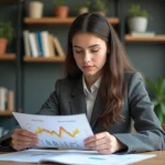 Jeune femme en blazer regarde des graphiques financiers