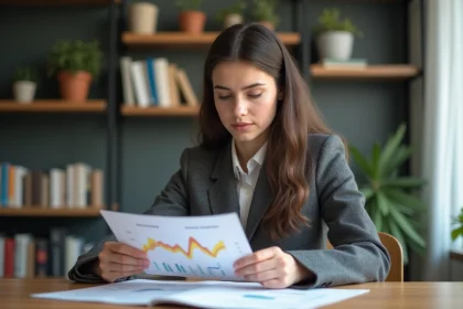 Jeune femme en blazer regarde des graphiques financiers