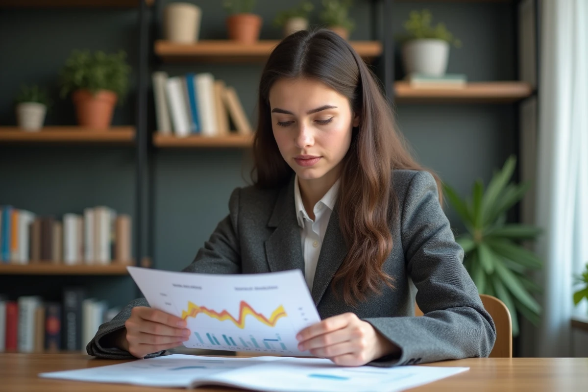 Jeune femme en blazer regarde des graphiques financiers