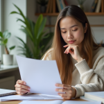 Jeune femme lisant un contrat de location dans une cuisine lumineuse