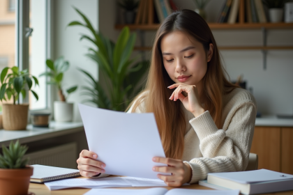 Jeune femme lisant un contrat de location dans une cuisine lumineuse