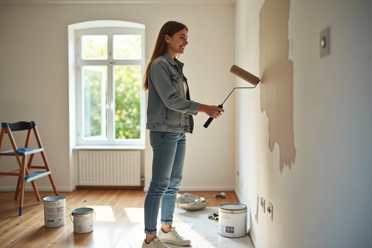 Jeune femme peignant un mur dans une pièce lumineuse