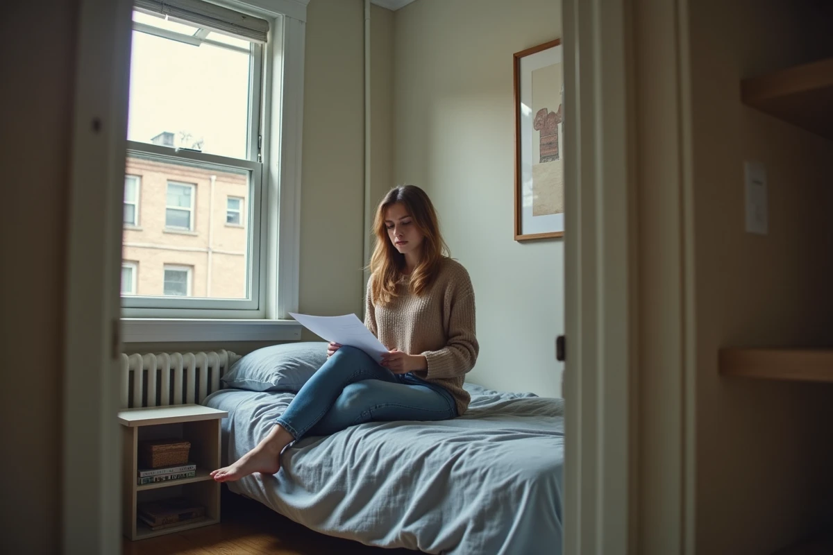 Locataire jeune examinant un plan dans une petite chambre
