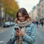 Jeune femme en denim à Créteil vérifiant son smartphone