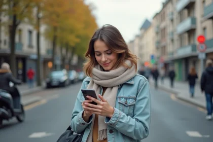 Jeune femme en denim à Créteil vérifiant son smartphone