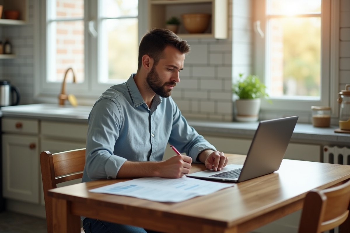 Jeune homme prenant des notes sur un budget dans la cuisine