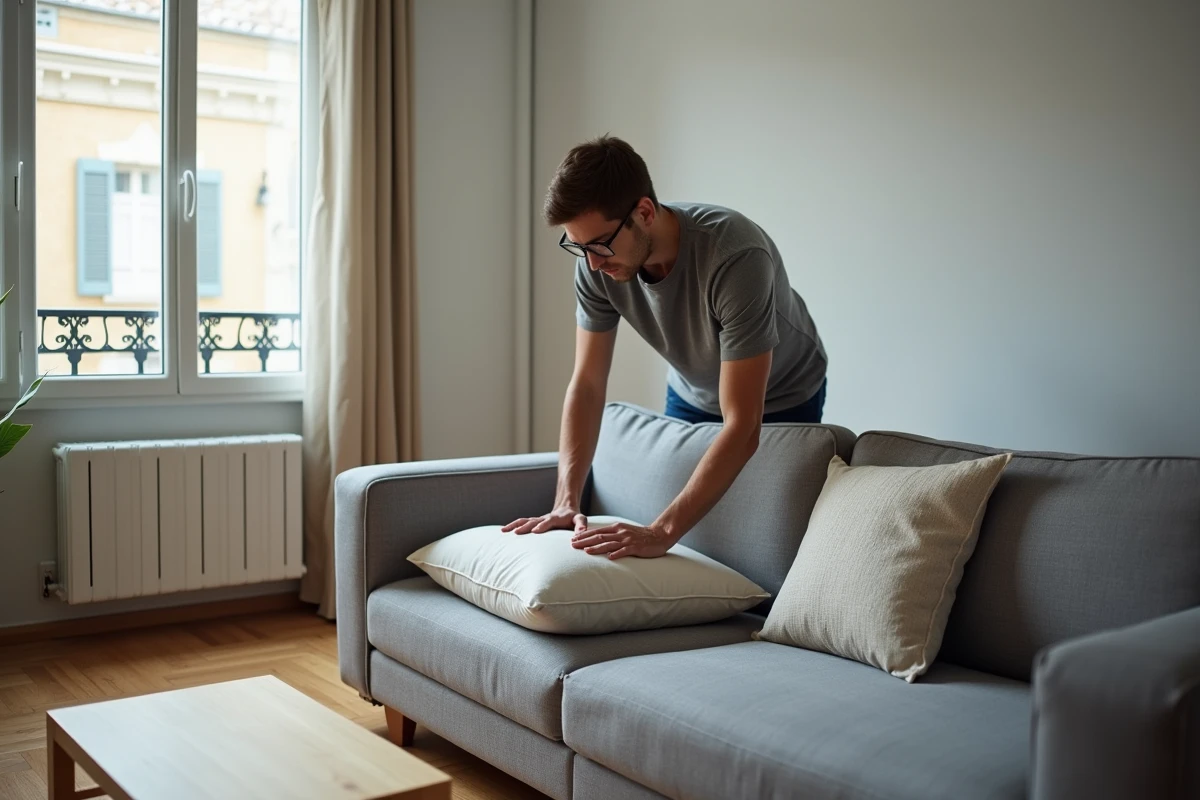 Jeune homme arrangeant des coussins dans un salon moderne