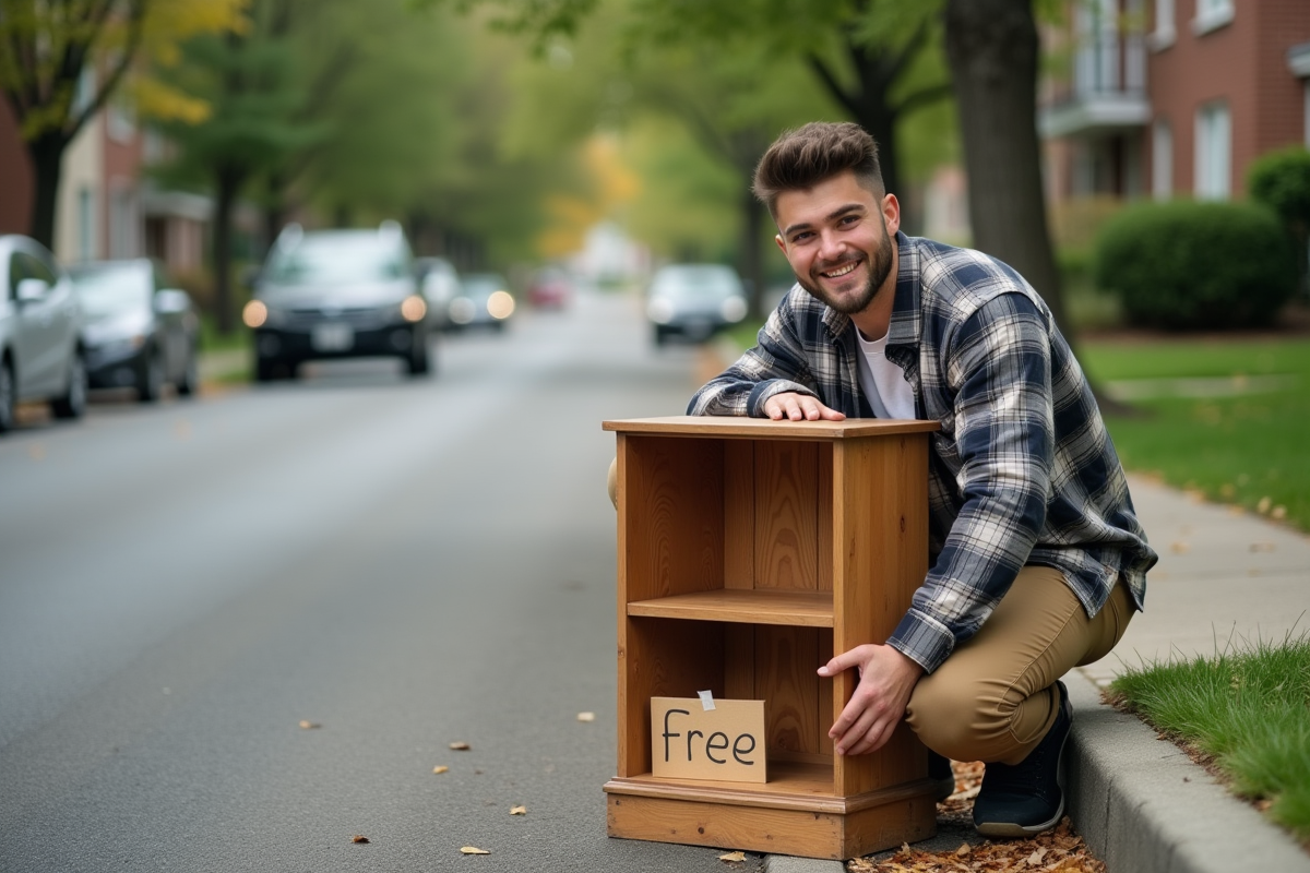 Jeune homme posant un meuble en bois à la rue dans un quartier calme
