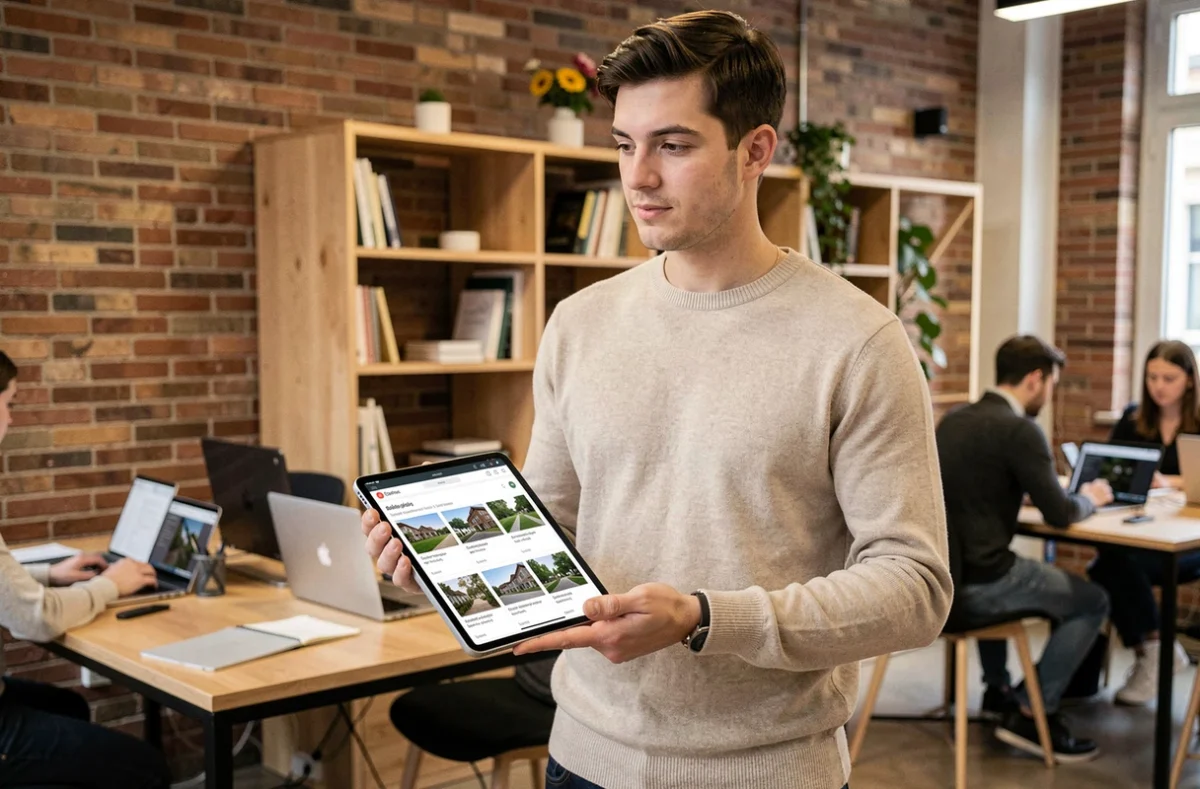 Jeune homme utilisant une tablette pour comparer des biens immobiliers sur un outil en ligne dans un espace de coworking à Lyon