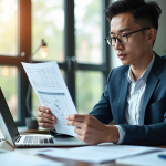 Jeune professionnel analysant un rapport de credit au bureau