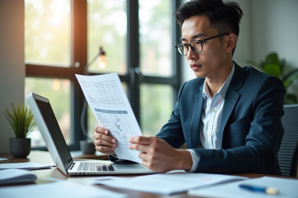 Jeune professionnel analysant un rapport de credit au bureau