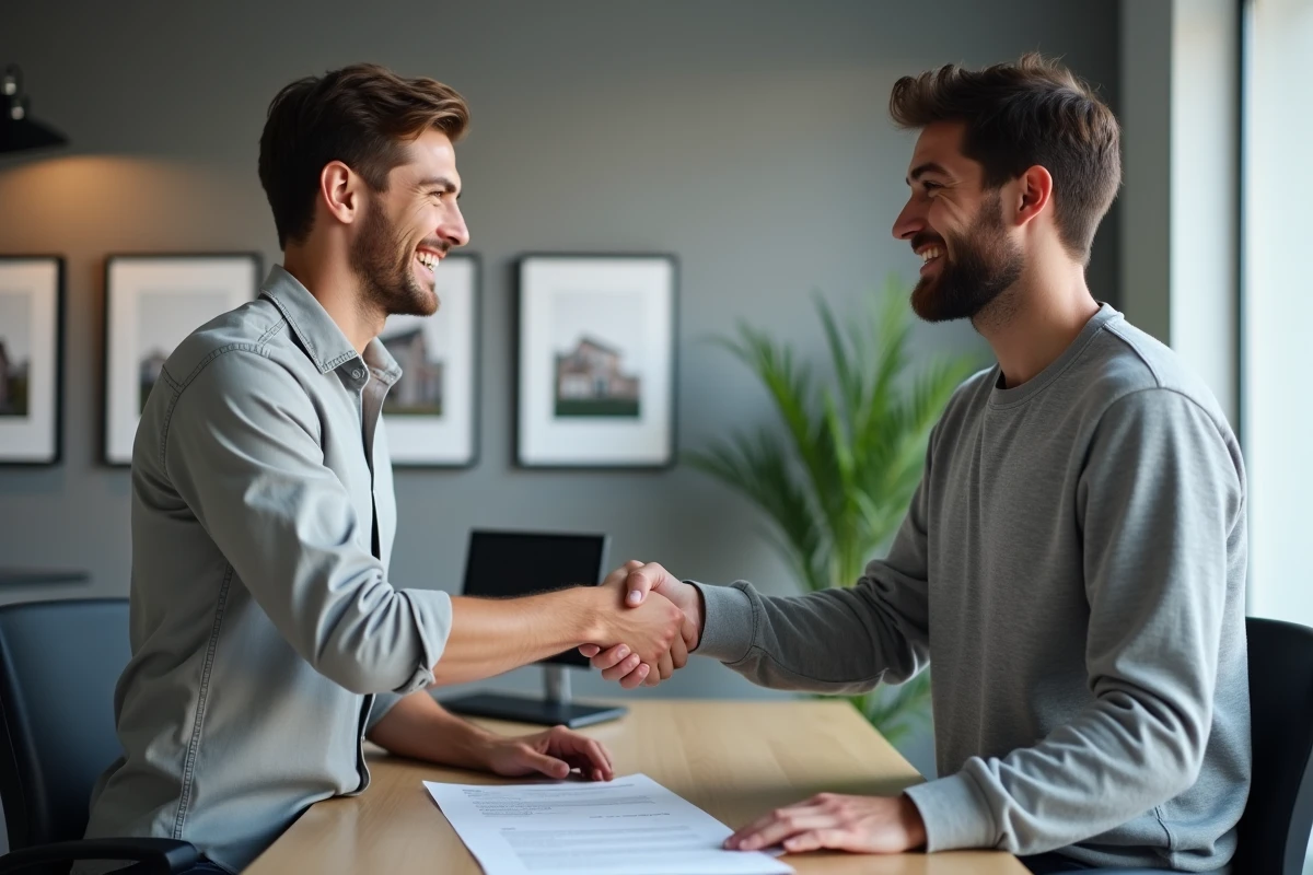 Deux jeunes actifs signant un bail solidaire en colocation dans une agence immobilière moderne