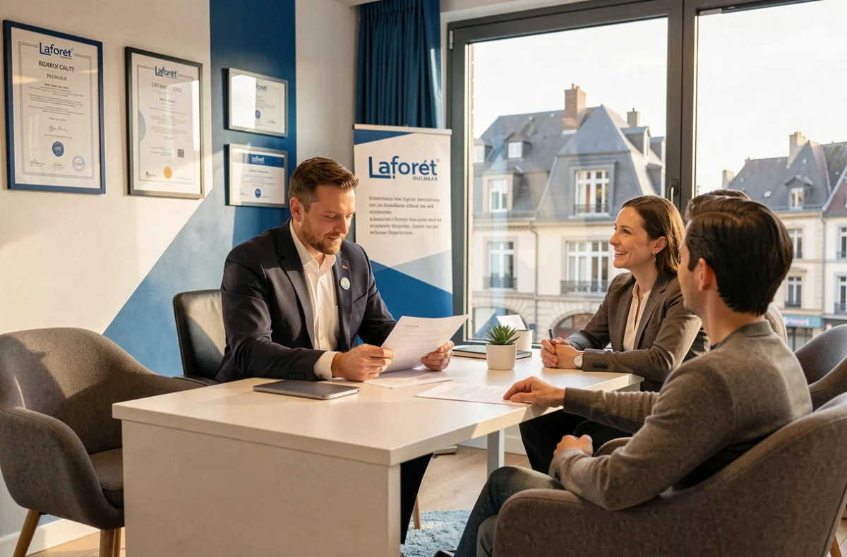 Agent Laforêt Colmar en consultation avec un couple de clients dans une agence aux couleurs de la franchise