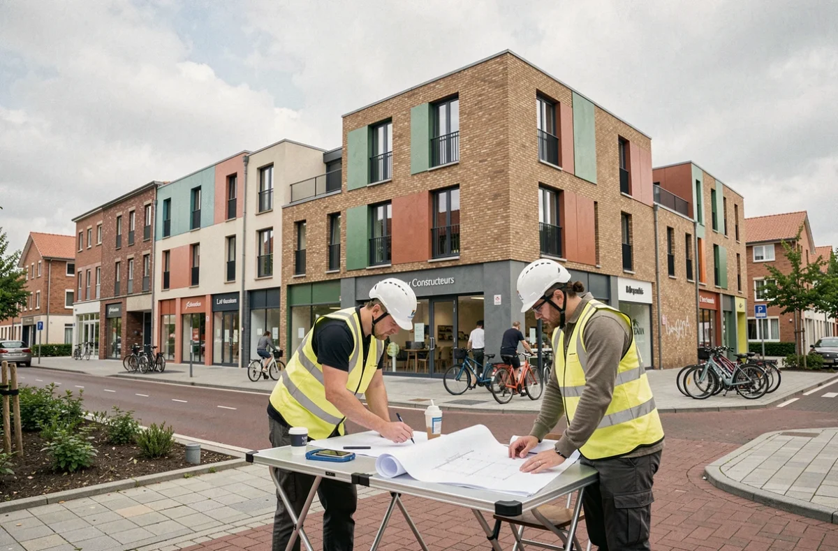 Nouveau quartier résidentiel des Nouveaux Constructeurs à Toulouse avec façades mixtes, commerces en pied d'immeuble et aménagements cyclables
