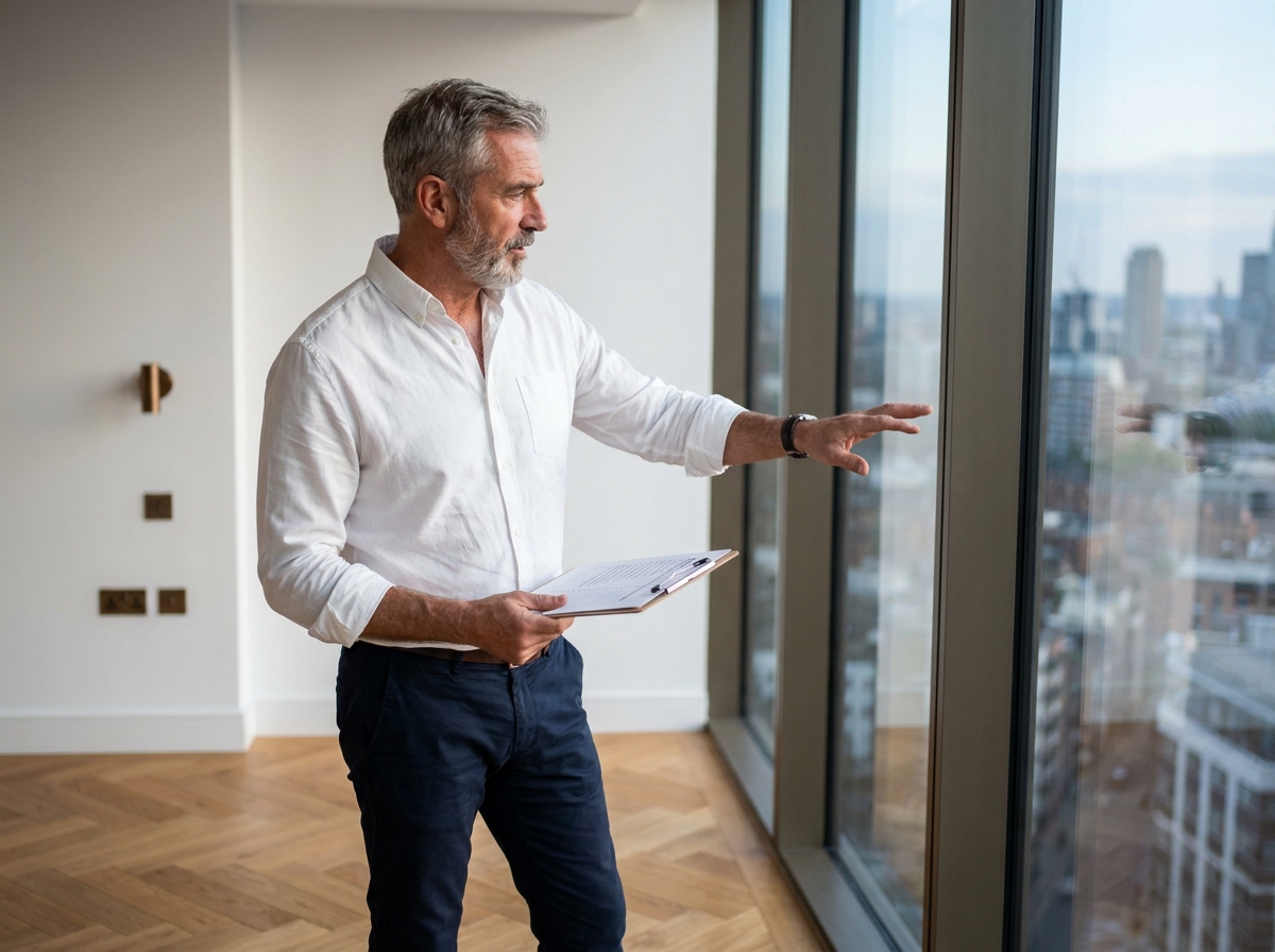 Directeur de projet immobilier lors de la livraison d'un appartement de luxe neuf avec vue sur la ville