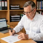 Propriétaire LMNP en train de relire un contrat de bail locatif à son bureau, stylo en main, face à des documents administratifs liés à l'inscription au RCS