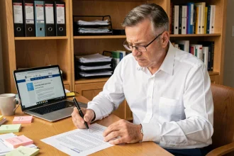Propriétaire LMNP en train de relire un contrat de bail locatif à son bureau, stylo en main, face à des documents administratifs liés à l'inscription au RCS