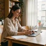 Jeune femme locataire consultant son contrat d'assurance habitation ING sur un ordinateur portable dans son appartement moderne
