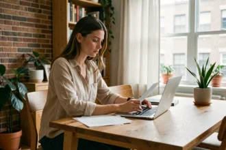 Jeune femme locataire consultant son contrat d'assurance habitation ING sur un ordinateur portable dans son appartement moderne