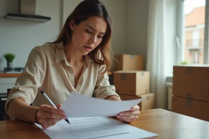 Locataire vérifiant son contrat de location meublée avant la restitution de la caution