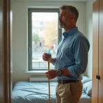 Propriétaire mesurant une chambre compacte avec un mètre