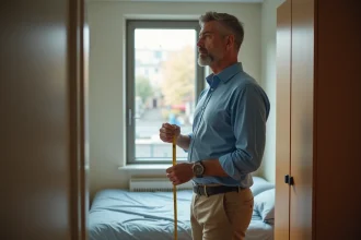 Propriétaire mesurant une chambre compacte avec un mètre