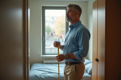 Propriétaire mesurant une chambre compacte avec un mètre