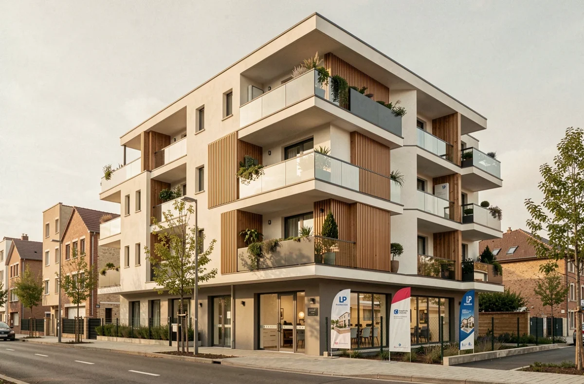 Immeuble neuf de LP Promotion à Toulouse avec façade enduit et bardage bois, balcons vitrés et bureau de vente immobilière au rez-de-chaussée
