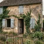 Maison abandonnée en pierre dans un village français avec volets décrépits et jardin envahi par la végétation