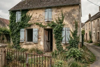 Maison abandonnée en pierre dans un village français avec volets décrépits et jardin envahi par la végétation