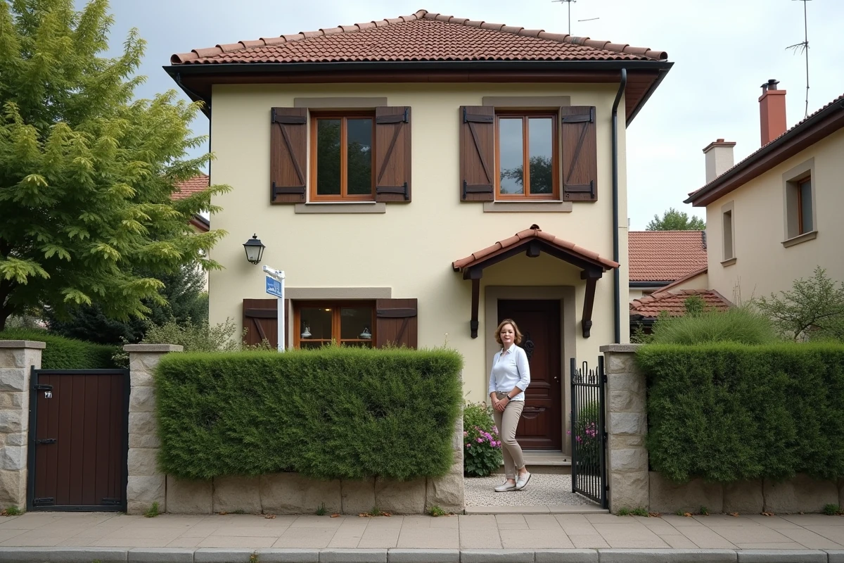 Femme devant une maison familiale en indivision tenant des clés, illustrant le rachat de part immobilière