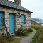 Maison de pêcheur en granit breton vue de l'extérieur en bord de mer avec volets bleus usés et ancre rouillée