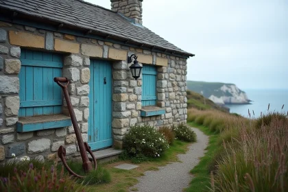 Maison de pêcheur en granit breton vue de l'extérieur en bord de mer avec volets bleus usés et ancre rouillée