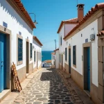 Petite maison de pêcheur à vendre au Portugal avec façade blanchie et carreaux azulejos bleus dans un village côtier