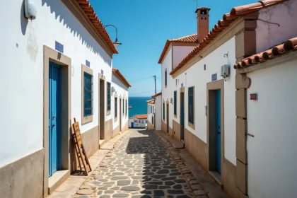 Petite maison de pêcheur à vendre au Portugal avec façade blanchie et carreaux azulejos bleus dans un village côtier