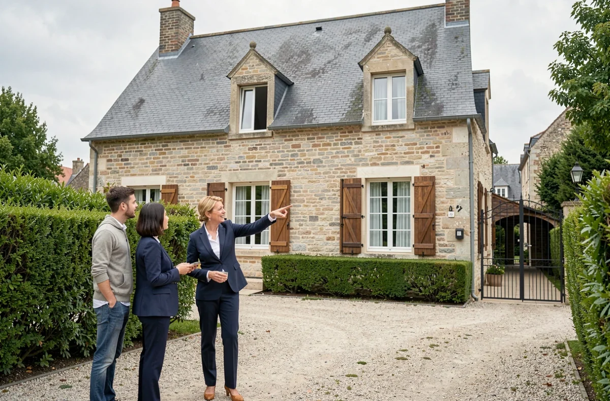 Agent immobilier présentant une maison en pierre à des acheteurs, illustrant le lien entre type de logement et tarif d'assurance