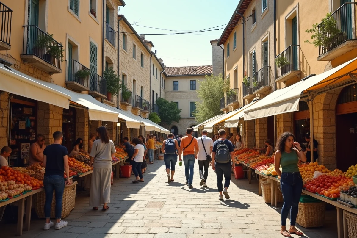 Marché animé sur une place réaménagée dans un quartier en rénovation à Alès