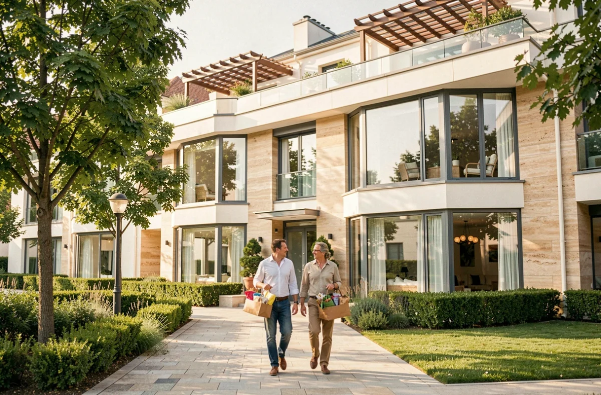 Résidence haut de gamme Marignan à Toulouse avec grandes baies vitrées, terrasses en toiture et paysagement luxuriant avec couple en avant-plan