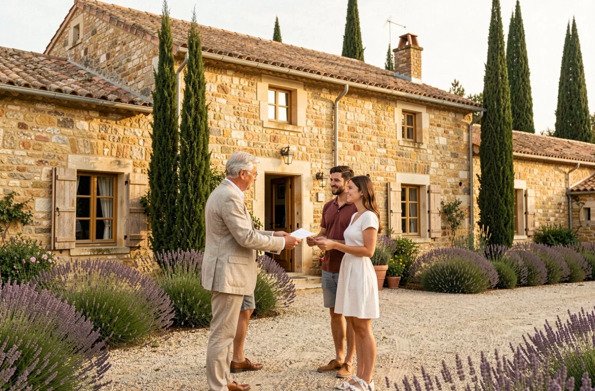 Agent de Mas Saint Come Immobilier présentant une propriété en pierre typique de la région de Montpellier à un jeune couple