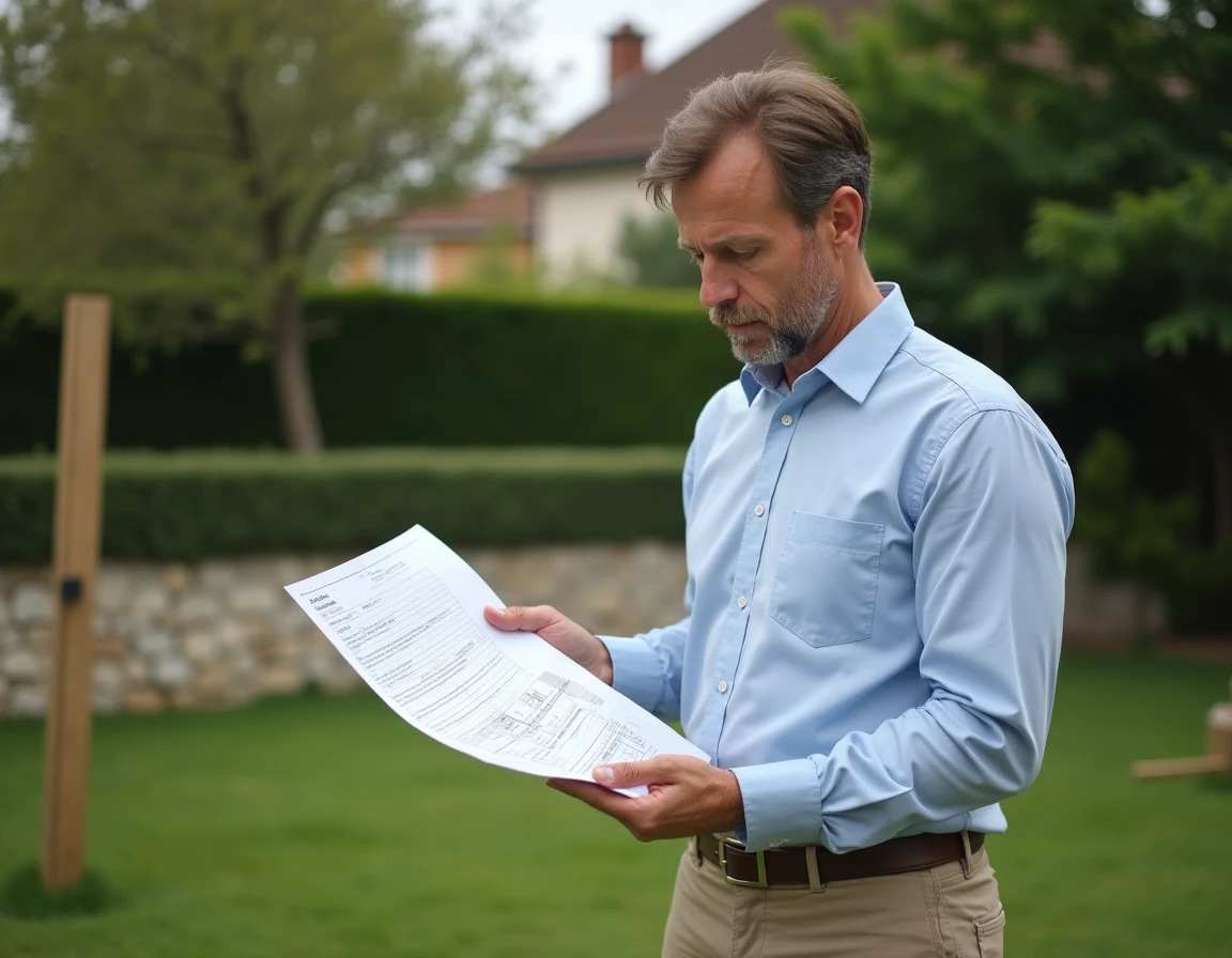 Homme mesurant la superficie de son jardin en ares et mètres carrés avec un document foncier