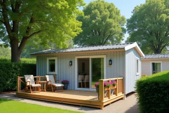 Mobil-home moderne installé sur une parcelle de terrain dans un parc résidentiel de loisirs en Vendée, avec terrasse en bois et jardin soigné