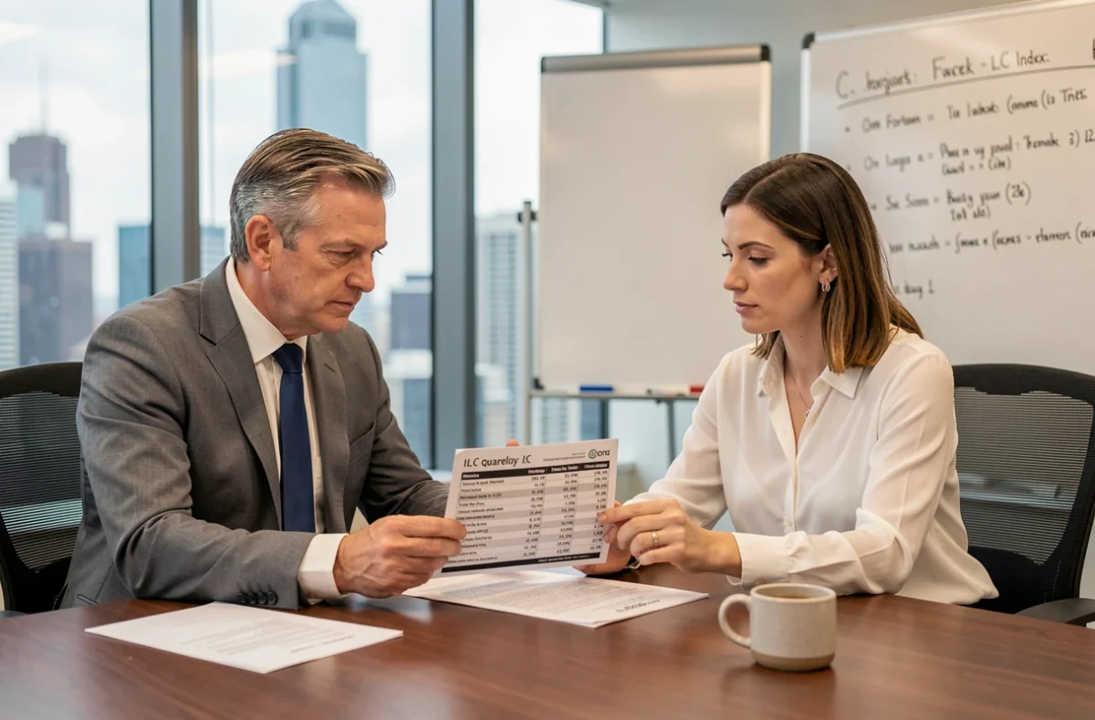 Négociation de renouvellement de bail commercial entre deux professionnels autour d'un tableau d'indices ILC