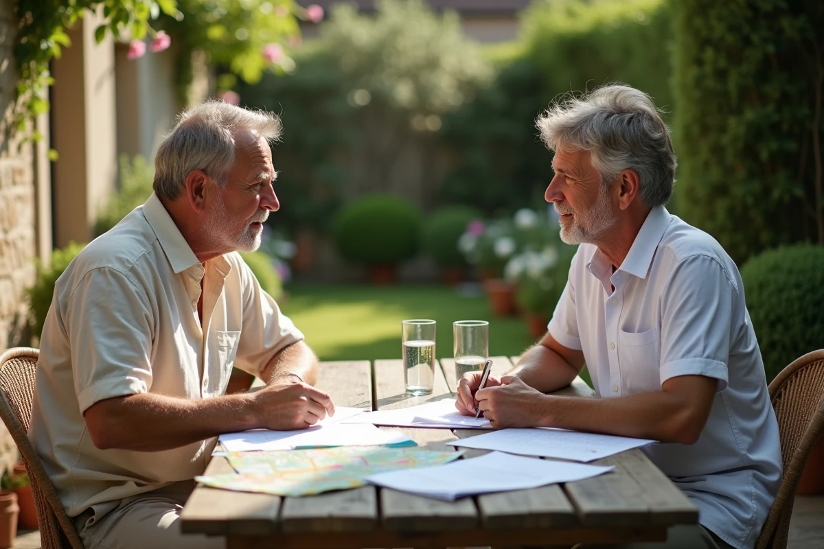 Couple négociant le loyer d'une maison particulière dans un jardin du Gers avec documents de location sur table en bois