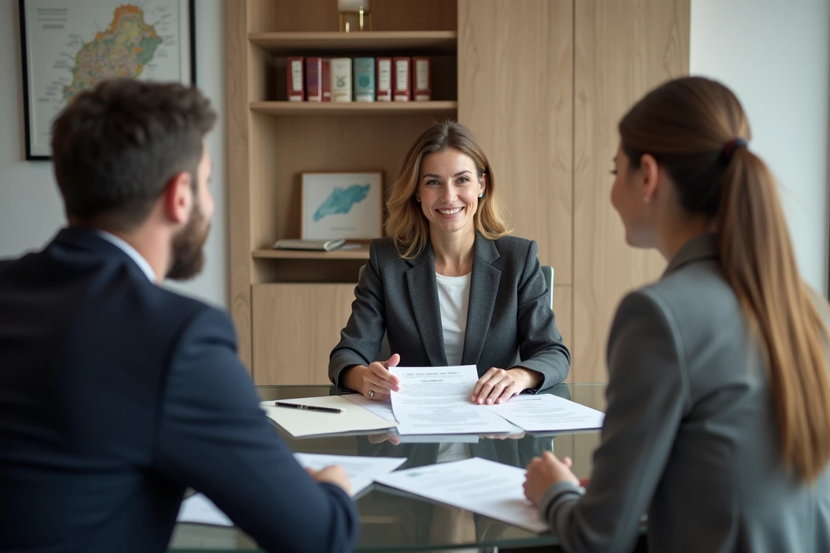 Notaire andorrane présentant les documents officiels d'achat immobilier à un couple d'acheteurs
