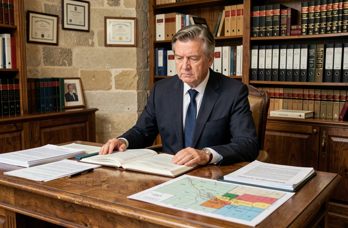 Notaire examinant un dossier de cession de maison abandonnée dans son bureau avec documents cadastraux
