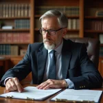 Notaire en costume sombre examinant des documents d'estimation immobilière dans son bureau