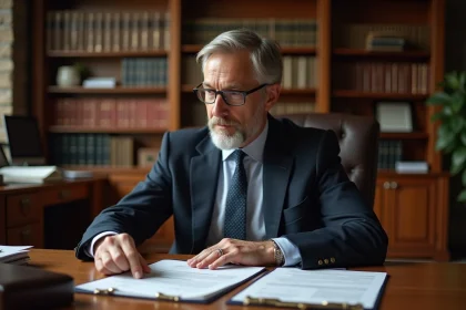 Notaire en costume sombre examinant des documents d'estimation immobilière dans son bureau