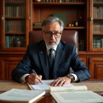 Notaire marocain signant des documents immobiliers officiels dans un bureau traditionnel de Marrakech avec décoration en zellige