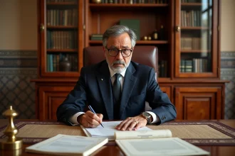 Notaire marocain signant des documents immobiliers officiels dans un bureau traditionnel de Marrakech avec décoration en zellige